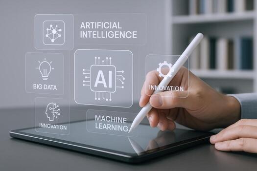 Artificial Intelligence Interface Concept Human Hand Interacting with a Digital Tablet and Virtual AI Graphics photo