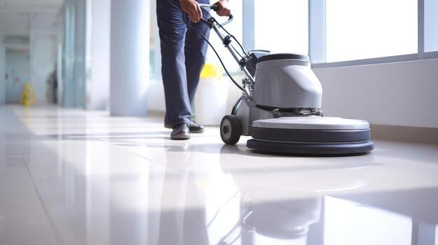 Floor Maintenance Professional Cleaner Buffing and Polishing Tiled Hallway Floor with Machine for Hygiene and Upkeep photo
