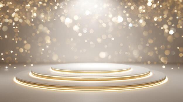 Elegant Gold and White Stage Podium with Bokeh Lights for Product Showcase and Presentations photo