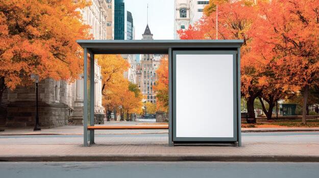 Blank Advertisement Billboard Mockup at City Bus Stop in Autumn with Orange Trees photo
