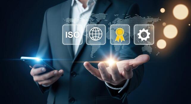 ISO Standards Global Certification Concept Man Holding Smartphone with Icons Representing Quality Management and Compliance photo