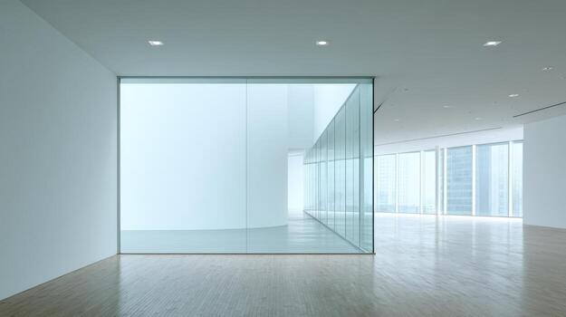 Modern Minimalist Interior with Glass Partition and Natural Light in an Open Office Space photo