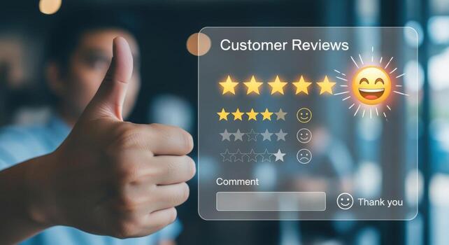 Customer feedback concept person expressing satisfaction with a product or service shown on a transparent interface photo