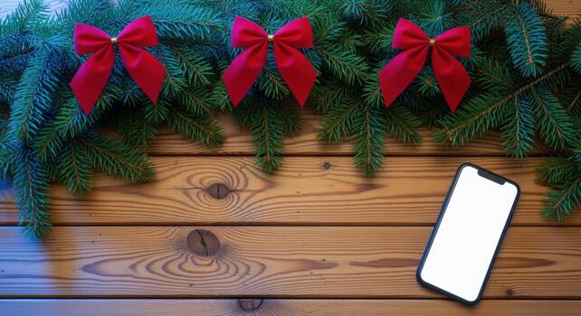 festivo móvil teléfono Bosquejo con rojo arcos y pino ramas en de madera superficie foto