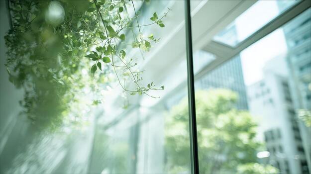 Greenery Inside Modern Office Building with Cityscape Reflected in Window, Sustainable Workplace Concept photo