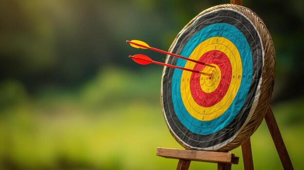 Archery Target with Arrows Hitting Bullseye in Outdoor Setting, Symbolizing Accuracy and Achievement photo