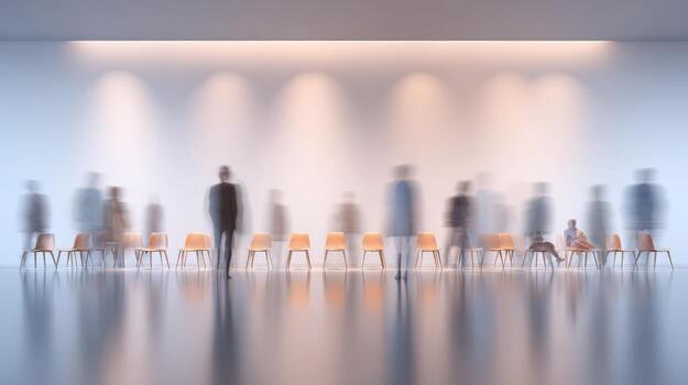 Blurred Crowd Waiting in Empty Room with Chairs Under Spotlights, Representing Anticipation and Uncertainty photo