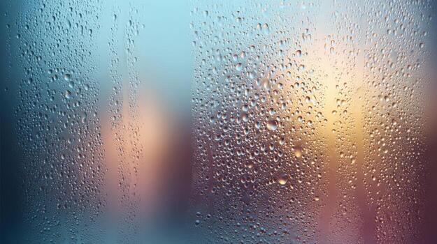 Raindrops on Glass Abstract Atmospheric Background with Blurred Lights Creating a Dreamy Aesthetic photo