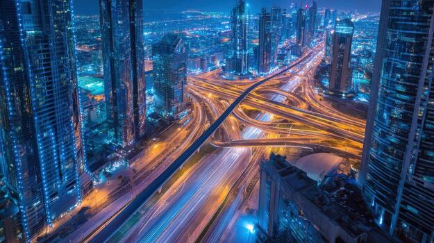 Aerial View of Cityscape with Modern Architecture and Highway Interchange at Night, Urban Landscape photo