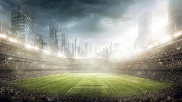 Stadium Crowd Cheering with Cityscape Background Capturing the Excitement of a Major Sporting Event photo