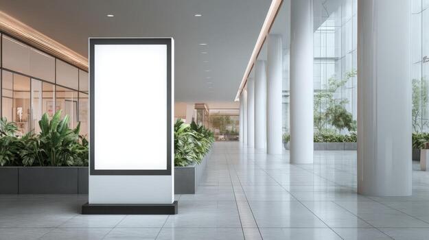 Modern Digital Signage Mockup in Bright Lobby Environment for Advertising and Promotion Display photo