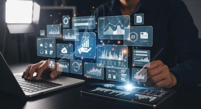 Data Visualization Business Analyst Interacting with Digital Financial Charts and Graphs on Multiple Devices photo