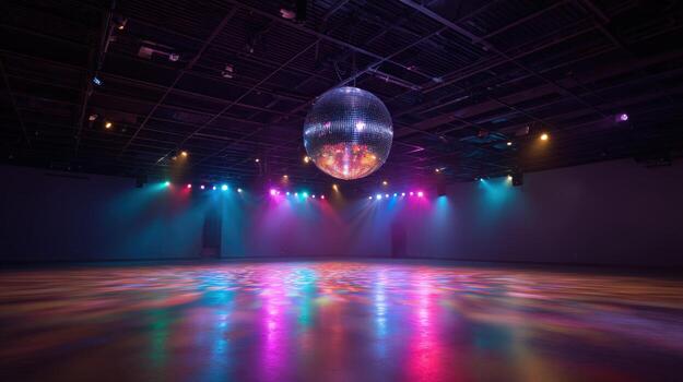 Illuminated Disco Ball Reflecting Light on an Empty Dance Floor, Creating a Vibrant Atmosphere photo