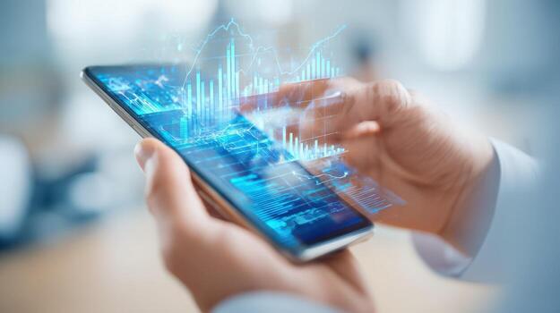 persona utilizando teléfono inteligente con resumen financiero analítica cubrir, mostrando datos, tendencias y valores mercado información foto
