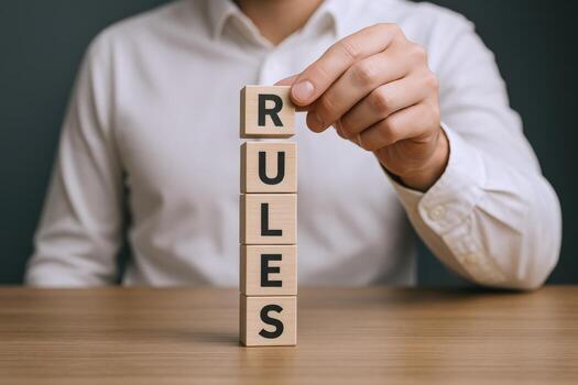 Man Stacking Wooden Blocks Spelling Rules on a Wooden Table, Emphasizing Regulation and Guidelines photo