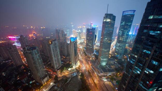 Illuminated Skyline at Night Urban Scenery with Modern Architecture and Cityscape in Metropolis photo