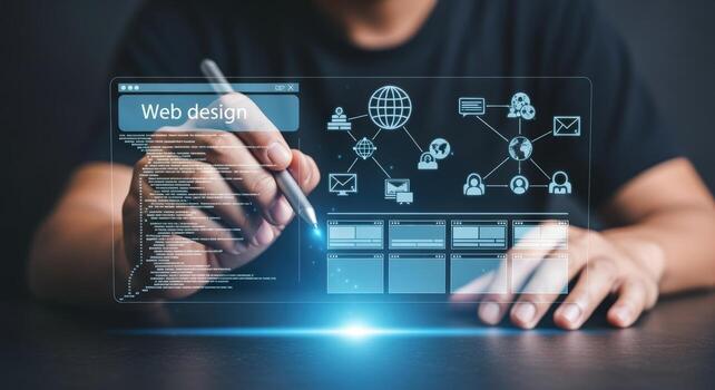 Man Interacting with Web Design Interface on Futuristic Screen, Digital Technology, Innovation and Connectivity photo