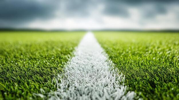Close-Up of a Vibrant Green Sports Field with White Boundary Line Under an Overcast Sky photo