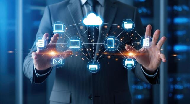 Businessman Presenting Cloud Computing Network Digital Transformation, Data Storage and Global Connectivity Solution photo