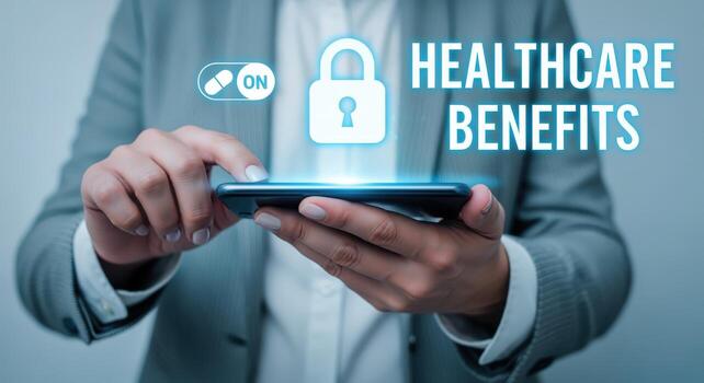 Activating Healthcare Benefits on Mobile Secure Online Access with Digital Padlock and Pill-Shaped Button photo