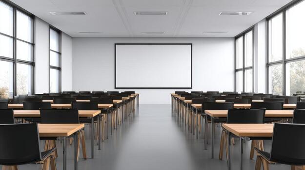 Bright Modern Classroom with Projector Screen, Tables and Chairs Ready for Lecture or Presentation photo