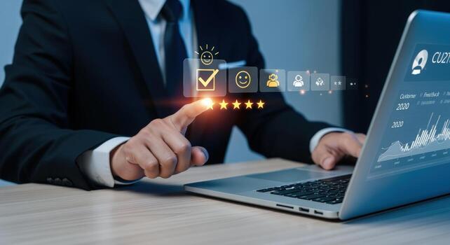 Customer Experience Evaluation Businessman Assessing Satisfaction with Digital Interface on Laptop for Feedback Analysis and Positive Review photo