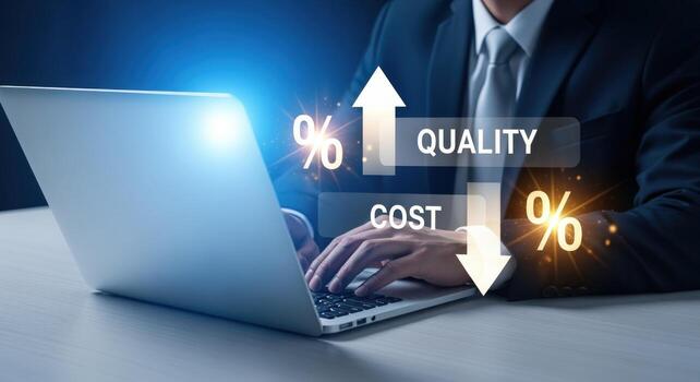 Quality Improvement and Cost Reduction Strategy Businessman Optimizing Performance with Laptop Technology for Increased Efficiency photo
