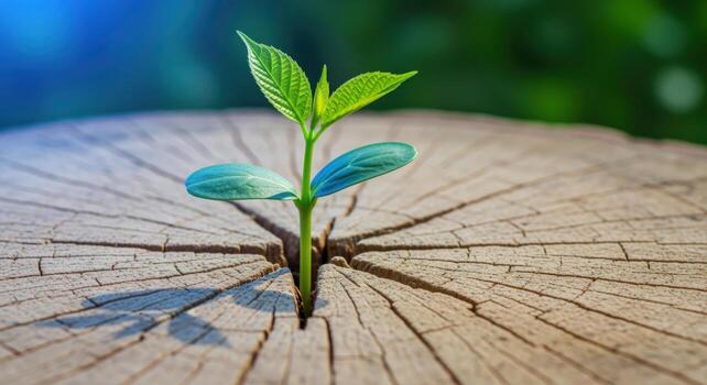 Resilient Sprout Emerging from Old Tree Stump Symbol of Hope, Renewal, and New Beginnings photo