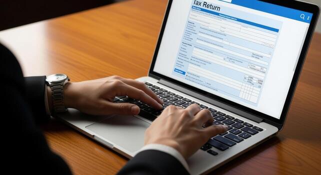 Man Completing Tax Return Form Online Using Laptop, Showing Efficient Financial Management and Digital Solutions photo