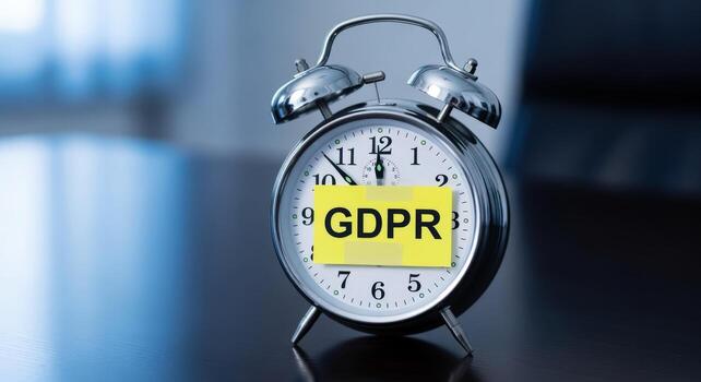 Deadline Concept Alarm Clock with GDPR Reminder Note Emphasizing Data Protection Compliance Urgency photo