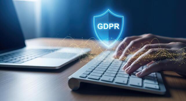 Hands Typing on Keyboard with Data Protection Shield Concept for Compliance and Privacy photo