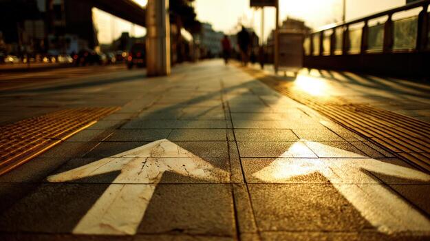 Directional Arrows on Urban Sidewalk Guiding Pedestrians Forward During Golden Hour, Signifying Choice and Guidance photo