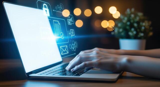 Data Security Interface on Laptop Screen with Hands Typing for Online Protection and Privacy photo