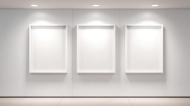 Three Empty White Frames on Wall in Modern Gallery Space for Artwork Mockup photo