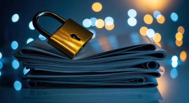 Confidential Documents Security Concept Padlock Securing Stack of Paperwork Against Blurred Background, Representing Data Protection photo