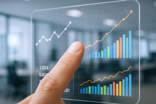 Interactive Data Visualization A Finger Touches a Transparent Screen Displaying Business Growth Charts and Financial Analysis photo