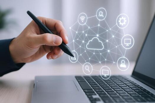 Cloud Computing Technology Hand Interacting with Digital Interface on Laptop for Data Storage and Cybersecurity photo