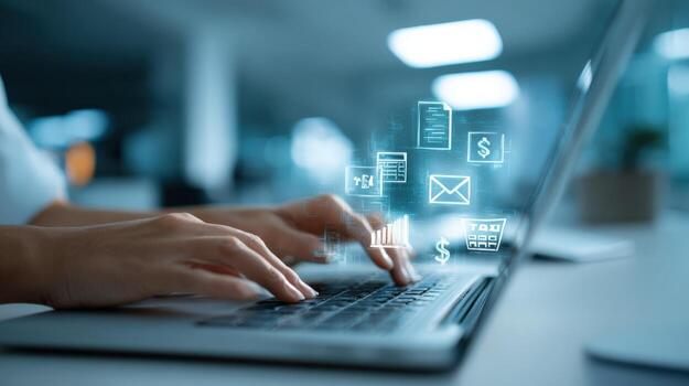 mujer de negocios analizando datos en ordenador portátil con digital iconos, ilustrando información administración y tecnológico competencia foto