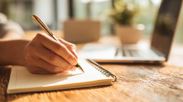 Close-up of Hand Writing in Notebook with Pen on Wooden Desk, Laptop in Background photo