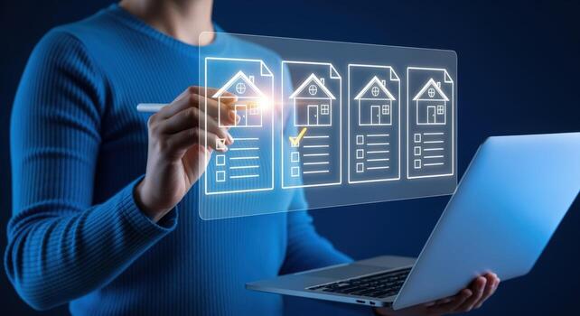 Real Estate Selection with Digital Interface Home Buying Process on Virtual Display Using Laptop photo