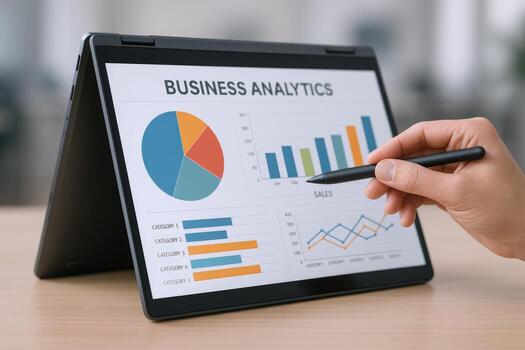 Analyzing Business Data on Convertible Laptop Displaying Charts and Graphs with Stylus Pen photo