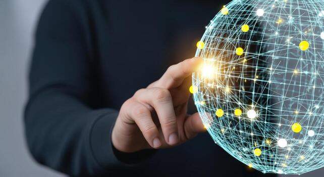 Man Interacting with Digital Globe Connectivity, Technology, and Future Innovations in a Global Network photo