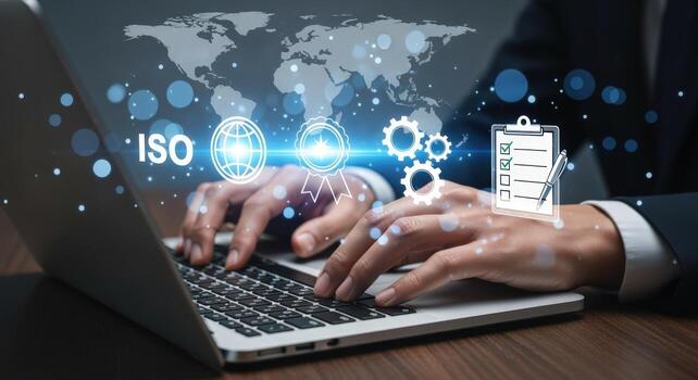 ISO Standards Compliance Businessman Navigating Quality Management System on Laptop with Global Business Network Overlay photo