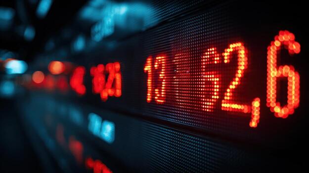 Stock Market Ticker Displaying Real-Time Data with Glowing Red LED Digits on a Dark Background photo