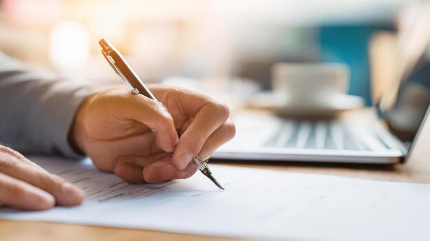 Close-up of Hand Signing Document on Desk with Laptop and Coffee Cup photo
