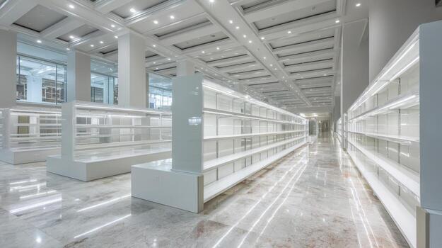 Modern Retail Space Interior with Empty Shelves and Bright Lighting for Product Display photo