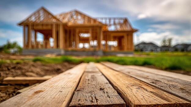 New Home Construction Framing Stage with Close-Up Wood Plank Focus, Emphasizing Progress and Potential photo