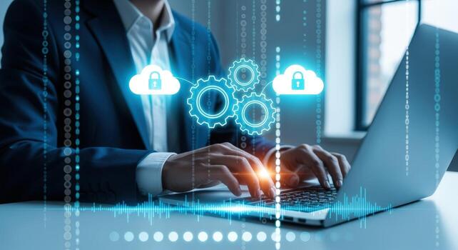 Cloud Security and Data Management Businessman Using Laptop for Secure Cloud Computing Technology Solutions photo