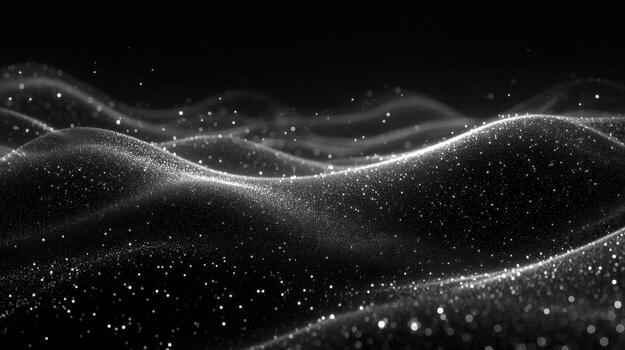 Abstract Monochrome Wavy Surface with Sparkling Particles, Dark Background, Ideal for Technology and Luxury Concepts photo