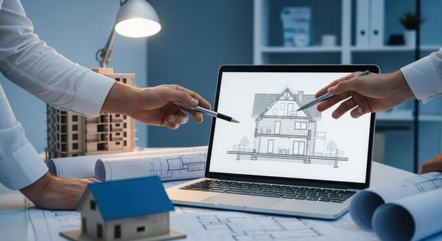 Architectural Design Review Team Collaboration on Home Blueprint Using Laptop in Modern Office Setting photo